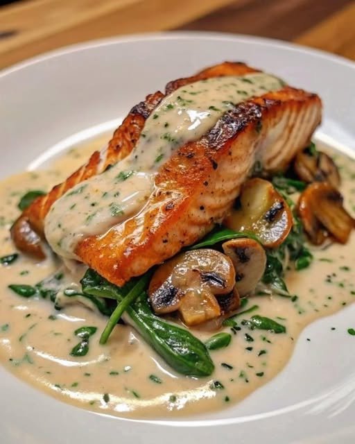 🧄🧈 Creamy Garlic Butter Salmon with Spinach & Mushrooms